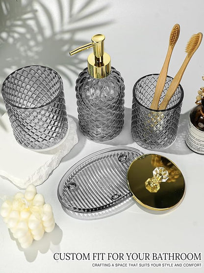 Haturi Gray Glass Bathroom Accessories Set, 4-Piece - Lotion Soap Dispenser, Toothbrush Holder, Cotton Swab Jar & Soap Dish – Elegant Gold Accent for Countertop & Housewarming Gift
