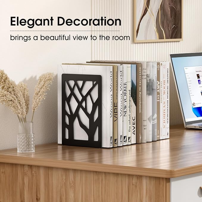 MaxGear Book Ends Tree Design Modern Bookends for Shelves, Non-Skid Book Holder, Heavy Duty Metal Book Storage for Books/CDs, Decorative Book Stopper for Home, 7 x 4.7 x 3.5”, Black,2 Pair/4 Pieces