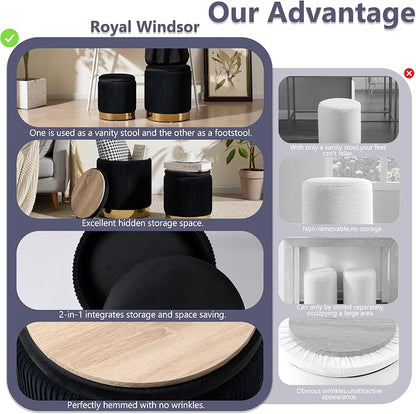 Royal Windsor Round Ottoman with Storage Set of 2, Vanity Stool with Storage for Bedroom, Ottoman Coffee Table Gold-Tone Ring Around The Base, Small Velvet Foot Stool for Living Room, Black