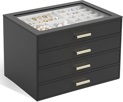 AKOZLIN Jewelry Box with Clear Lid Functional Leather Jewelry Storage Organizer Case 4 Drawers for Women Girls Necklace Ring Bracelet Earring