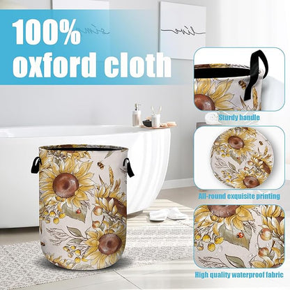 Fall Sunflowers Laundry Basket, Ladybird Honeybee Laundry Hamper Collapsible Oxford Cloth with Handle Clothes Toy Storage Bin for Bathroom Laundry Room Bedroom 15.7 X 20 Inch