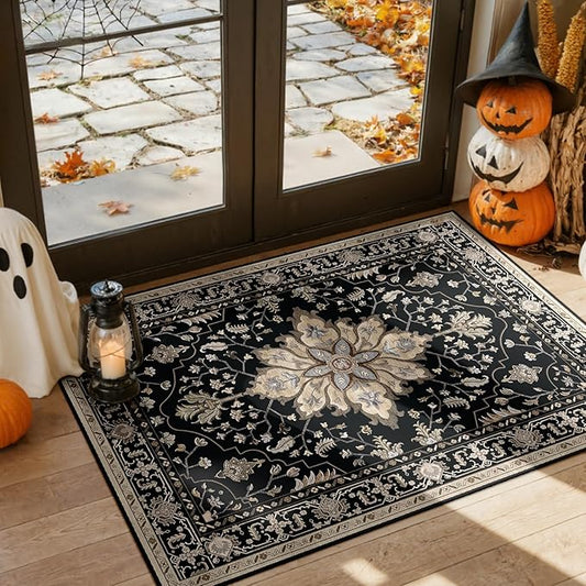 RELEANY Area Rugs 3'x5' Washable Non-Slip, Floral Vintage Distress Medallion Carpet for Living Room Bedroom Dining Room, Black Brown Neutral Dark Tan