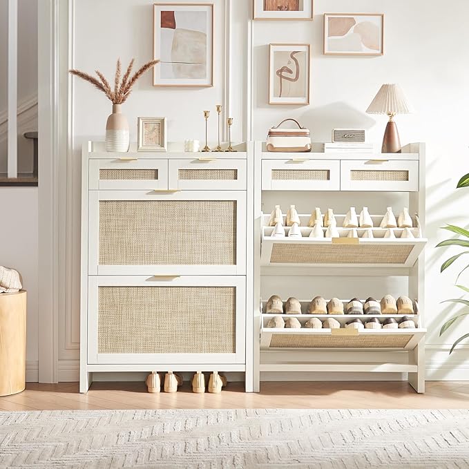 Rattan Shoe Storage Cabinet with 2 Drawers & 2 Flip Drawers – Hidden Slim Shoe Organizer for Entryway, Large Tabletop Space, Farmhouse Boho Narrow Shoe Rack, Rustic White