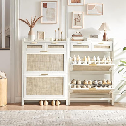 Rattan Shoe Storage Cabinet with 2 Drawers & 2 Flip Drawers – Hidden Slim Shoe Organizer for Entryway, Large Tabletop Space, Farmhouse Boho Narrow Shoe Rack, Rustic White