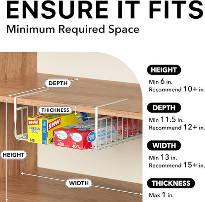 Simple Houseware Under Shelf Basket, White – 2-Pack Space-Saving Storage Organizer for Kitchen, Pantry, Closet, Office – Wire Metal Shelf Organizer, No Tools Required