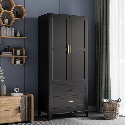 COFaR Black Metal Wardrobe Closet with 2 Drawers, 71" Steel Armoire Cabinet with Hanging Rod & Adjustable Shelf, Modern Freestanding Closet Organizer with Doors