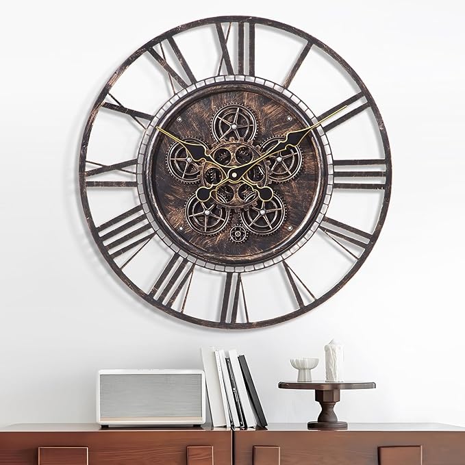 LEIKE Moving Gear Large Wall Clock 30inch/76cm Copper, Decorative Wall Clocks for Living Room, Unique Farmhouse Steampunk Metal Wall Clock Decor, Office Wall Clocks