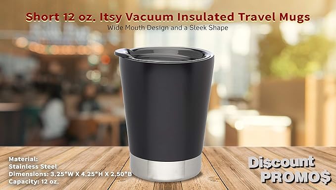 DISCOUNT PROMOS 12 oz. Itsy Vacuum Insulated Travel Mugs - 6 Pack - Black
