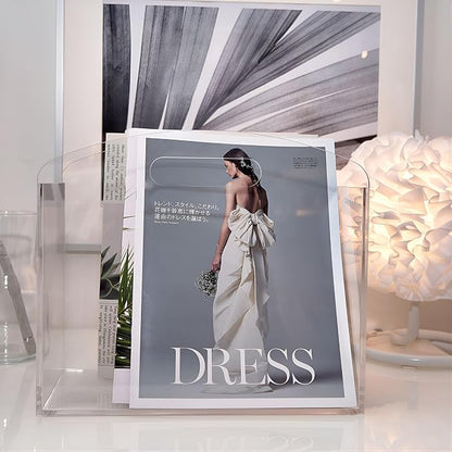 Magazine Rack - Clear Acrylic Magazine Holder, Acrylic Newspaper Stand Organizer with handles, Modern Lucite Magazine and Book Basket Box for Bathroom, Bedroom, Living Room and Office
