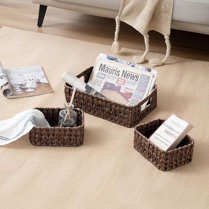 GRANNY SAYS Wicker Baskets for Organizing, Nesting Storage Baskets for Shelves, 1 Large and 2 Small Wicker Baskets Waterproof, Dark Brown, 3-Pack