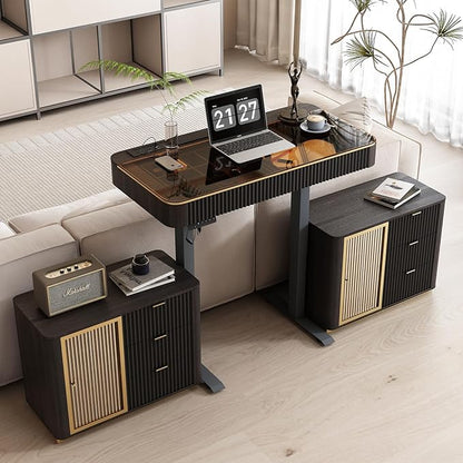 Lartis Office Desk, Electric Standing Desk with Built-in Outlets, Tempered Glass Top Modern Office Computer Desk with 2 Side cabinets (Black Brown, 50)