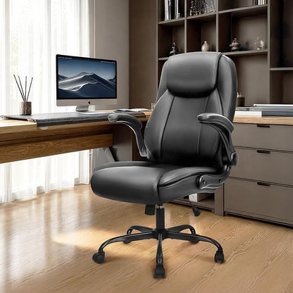 NEO Chair Ergonomic Office Chair Executive Computer Desk Chair Gaming High Back Support Comfy Seat Flip-up Arms Adjustable Height Swivel Rolling Wheels PU Leather for Home (Dark Black)