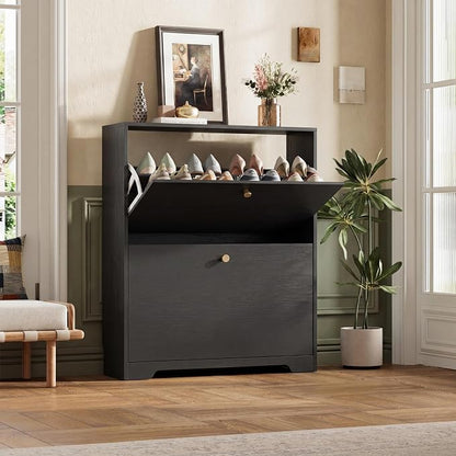 Nicetree Shoe Cabinet with 2 Flip Drawers, Narrow Shoe Organizer Cabinet, Freestanding Shoe Rack Cabinet, Modern Shoe Storage Cabinet for Entryway, Hallway, Foyer, Black