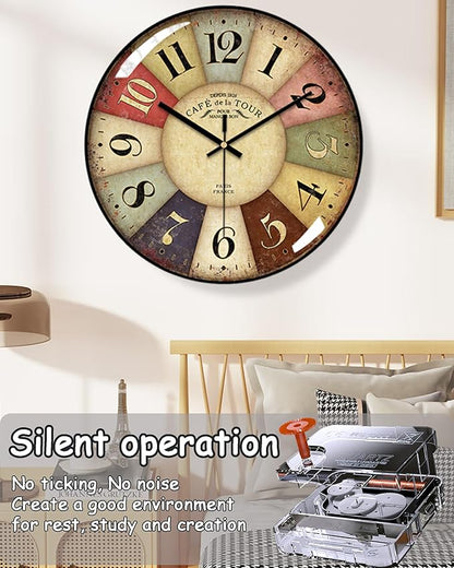 Vintage Wall Clock-12 Retro Rustic Style Quartz Clock,Silent Non-Ticking with Glass Dial,Battery Operated for Living Room, Kitchen, Home, Bathroom, Bedroom