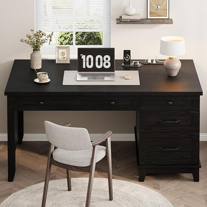 53.5" Farmhouse Home Office Desk with File Cabinet, Wooden Executive Desk with Power Outlet, Work Desk with Drawers, Traditional Wood Desk for Home and Office, Black