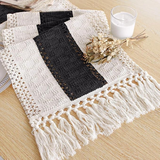 FEXIA Boho Table Runner for Summer Home Decor with Tassels 90 Inches Long Farmhouse Rustic Black Gothic Table Runner Macrame Gothic Burlap Table Decoration for Kitchen Living Room (12x90 Inches)