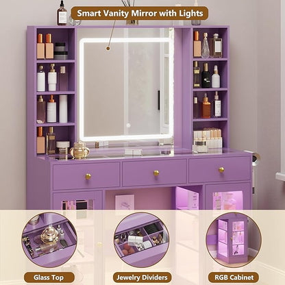 Purple Vanity Desk with Mirror and Lights, Glass Top Vanity with Lighted Mirror & RGB Cabinet and 3 Drawers, Dressing Table with 8 Shelves, Makeup Desk with Lights for Girls Bedroom, 3 Color Modes