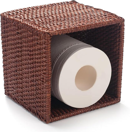 Square Rattan Tissue Box Cover, Hand Woven Wicker Tissue Holder, 5.5 x 5.5 X 5.7 inches, Honey Brown