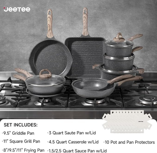 JEETEE Pots and Pans Set Non Stick 23pcs, Healthy Kitchen Cookware Sets, Induction Cooking Set W/Gray Frying Pans, Saucepans, Sauté & Griddle & Crepe Pan (PFOA, PFAS Free)