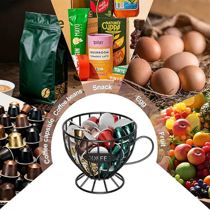 Coffee Pod Holder,Large K Cup & Capsule Storage Organizer, Tea Cup Coffee Capsule Basket, Metal Coffee Bar Organizer for Kcup Kitchen Dinning Room Office Home Cafe Hotel (Black)