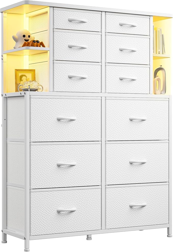 EnHomee White Dresser for Bedroom with LED Lights and 12 Drawers Dresser with 4 Open Storage Shelves, Fabric Dressers & Chests of Drawers, Metal Frame, 45.2" H x 35.4" W x 11.8" D