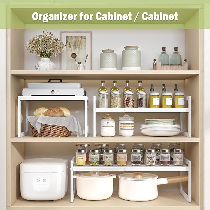 DOLALIKE Expandable Kitchen Countertop Organizer, Stackable Cabinet Shelf Organizers, Space Saving Spice Rack Pantry Storage for Bathroom Office Organization (White, 1 Tier)