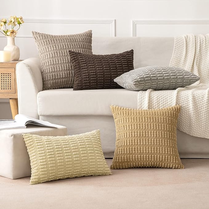 MIULEE Pack of 2 Corduroy Decorative Lumbar Throw Pillow Covers 20x12 Inch Soft Boho Striped Pillow Covers Modern Farmhouse Home Decor for Sofa Living Room Couch Bed Beige