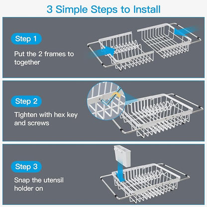 JASIWAY White Expandable Stainless Steel Dish Drying Rack Over The Sink for Small Kitchen, Counter Space Saving Compact Plate Drainer Strainer, Adjustable Hanging Metal Dish Dryer with Utensil Holder
