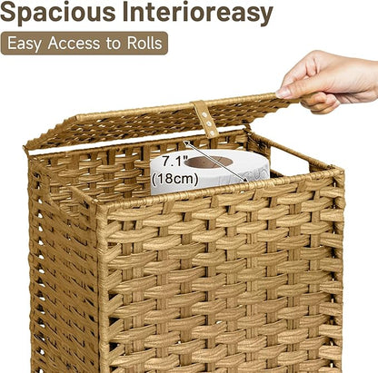 Toilet Paper Storage Basket with Lid and Wheels, Rattan Toilet Paper Holder Storage, Toilet Paper Organizer for Bathroom, Bedroom, Kitchen, 12.6”L x 7.1”W x 17.14”H, Naturall