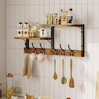 Homeiju 28.7" Coat Rack Wall Mount with Shelf, Key Hooks for Wall with Shelf, Coat Hooks Wall Mounted with 6 Heavy Duty Double Hooks for Bedroom,Living Room, Rustic Brown