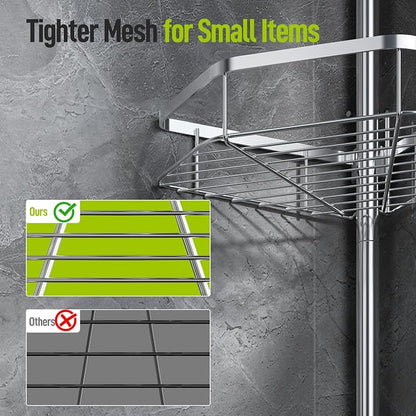 LAMU Shower Caddy Corner Tension Pole, Stainless Steel Shower Organizer, Strong Spring, 5 Adhesive Pads, 2.4 in Non-Slip Grid Base, Adjustable 4-Tier Basket, 4 Hooks, Fits Heights 37.8-124 in, Silver