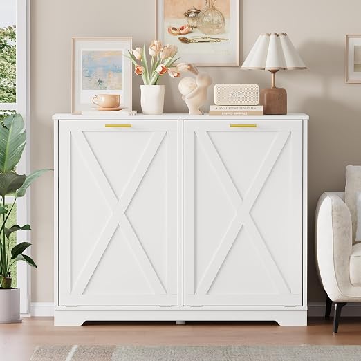 Double Tilt Out Trash Can Cabinet, Wooden Farmhouse Kitchen Garbage Bin Enclosure with Negative Ion Odor Control, Hidden Dog Proof Trash or Laundry Basket Storage for Laundry Room, White