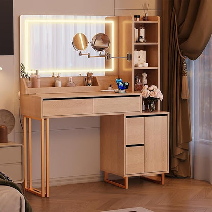 Vanity Desk, 41 Inch Makeup Vanity Table with Mirror Lights 10x Magnifying Mirror Charging Station Drawers Shelves Cabinet Adjustable 3 Color Brightness Dressing Table for Bedroom(Oak)