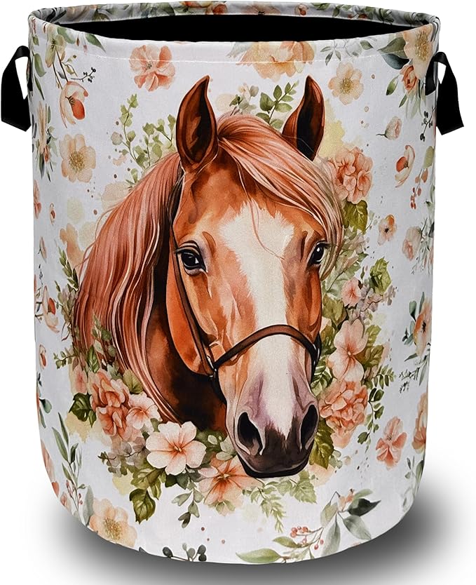 Watercolor Horse Laundry Basket Foldable With Handles Cute Animal Floral Tote Bag Oxford Cloth Colorful Laundry Hamper Clothes Toy Storage Bucket For Bathroom/Laundry/Bedroom 18.9" x 16.5 "