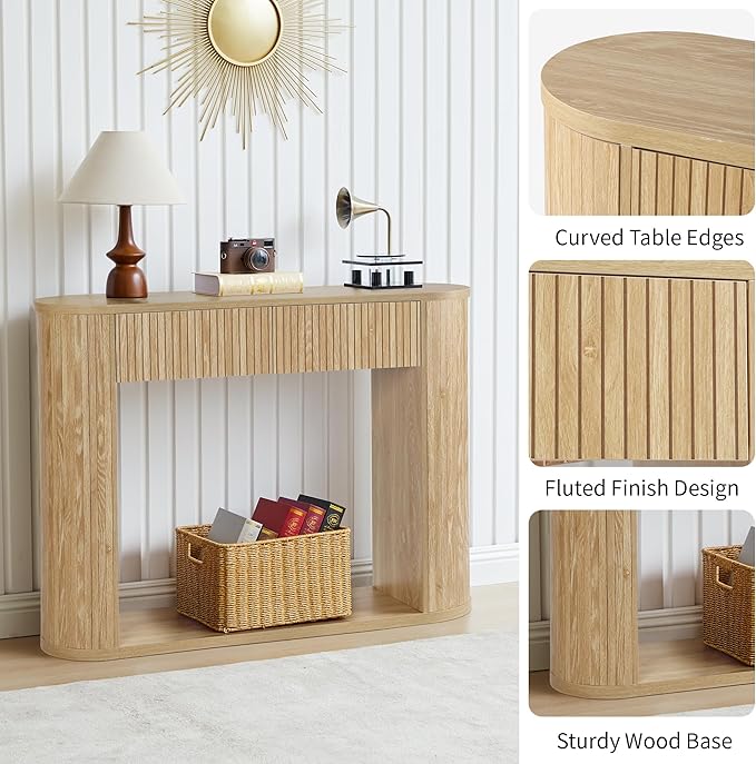 42.5” Console Table with 2 Drawers, Fluted Entryway Table with Rounded Corners, Rectangular Sofa Table Behind Couch for Living Room, Hallway, Foyer (Natural)