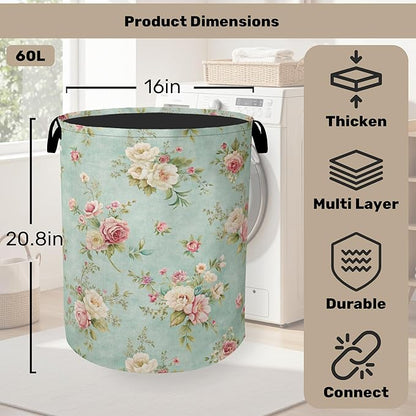 Vintage Rose Laundry Basket - Heavy Duty 60L Dirty Clothes Organizer, Water Resistant Foldable Hamper for Women