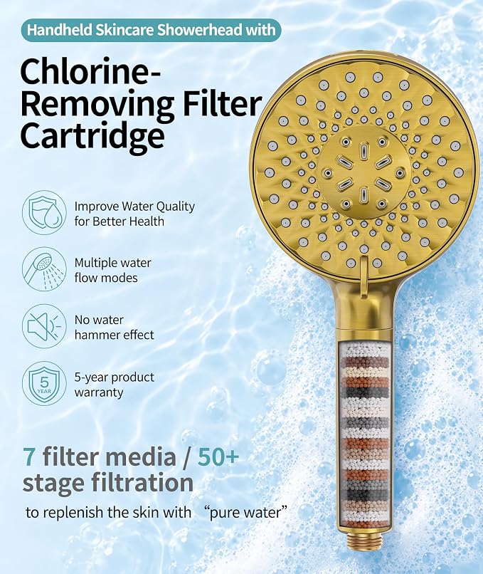 SR SUN RISE Filtered Shower Head with Handheld High Pressure 9 Spray Mode Showerhead Detachable Shower Head Water Softener Filters 1 Filter Brushed Gold