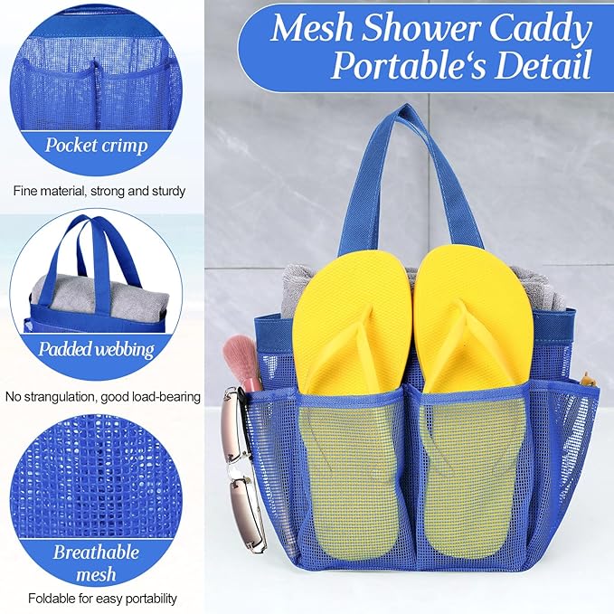 Hillban 4 Pcs Mesh Shower Caddy Portable Shower Caddy for Dorm Beach Mesh Bags with Deeper 8 Pockets and Handles Showers Caddies Basket for Women College Room Vacation(Navy Blue)