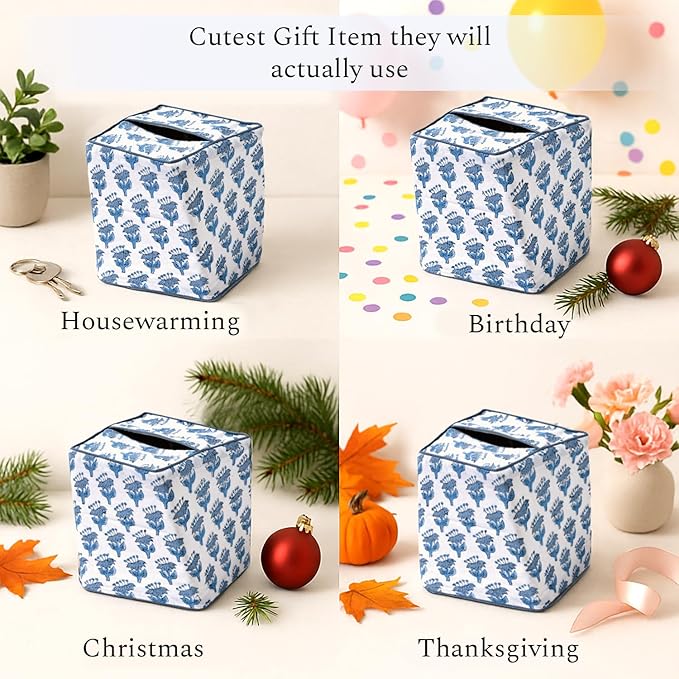 CPC Apatite Blue Hand Block Printed Cotton Tissue Box Cover 5" x 5" x 5.5" Square Soft Reusable Boho Napkin Holder for Home Kitchen Dining Bathroom Office Cafe Spa Summer Thanksgiving