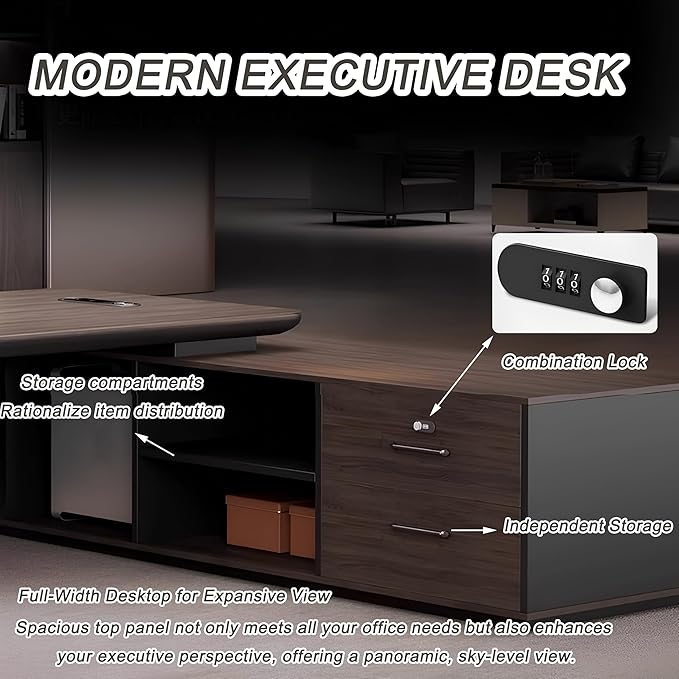 L-Shaped Executive Desk – Modern Executive Desk with Drawers, and Storage, Sturdy Wood & Metal Construction, Aluminum Inlaid Surface for Home & Office Workstation (B-Left, L 200cm/78.7in)