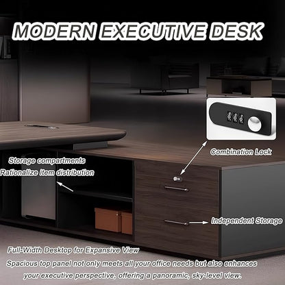 L-Shaped Executive Desk – Modern Executive Desk with Drawers, and Storage, Sturdy Wood & Metal Construction, Aluminum Inlaid Surface for Home & Office Workstation (B-Left, L 200cm/78.7in)