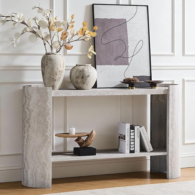 53" Console Table for Entryway, Narrow Sofa Entrance Table with Faux Mars Marble Pattern, Modern Sofa Tables with Storage Shelf for Living Room, Hallway, Foyer, Home Office, Beige