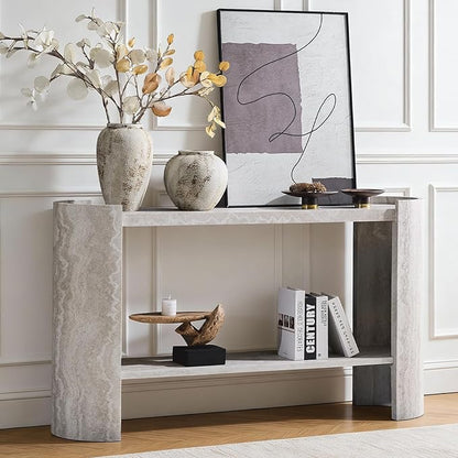 53" Console Table for Entryway, Narrow Sofa Entrance Table with Faux Mars Marble Pattern, Modern Sofa Tables with Storage Shelf for Living Room, Hallway, Foyer, Home Office, Beige