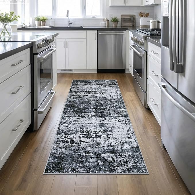 Washable Area Rug 3x8 Entryway Rug: Washable Modern Abstract Soft Thin Rug Indoor Floor No Slip Stain Resistant Carpet for Bedroom Dining Room Farmhouse Nursery Home Office - Black