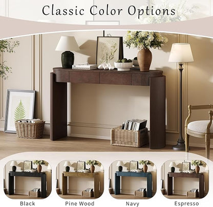Entryway Table with Natural Wood Grain Finish, Console Table with Fluted Design, Oval Top and 2 Drawers for Entryway and Living Room (Espresso)