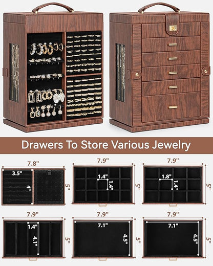 AKOZLIN 360° Rotating Jewelry Box Extra Large 6-Tier Organizer Functional Jewelry Storage Case for Women Girls Ring Necklace Earring Bracelet Holder with Mirror Red Brown
