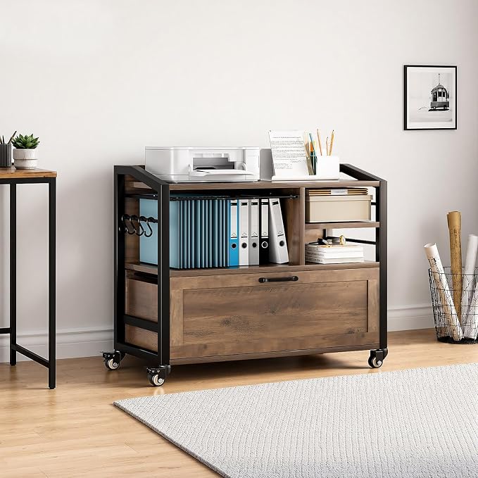LVB Wood Lateral File Cabinet with Drawers, Rolling Filing Cabinet Under Desk for Home Office, Printer Stand with Storage Shelf,Hanging File Organizer for Legal/Letter Size, Rustic Oak, 33Inch