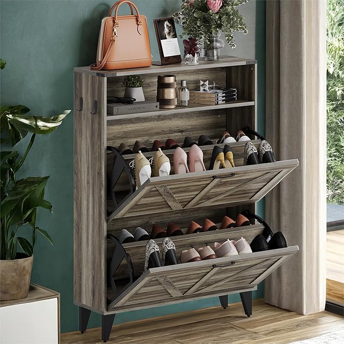 Shoe Cabinet with 2 Flip Drawers, Shoe Storage Cabinet for Entryway, Freestanding Shoe Cabinet Organizer with Open Storage, Free Standing Shoe Rack Cabinet Corner, Retro Gray
