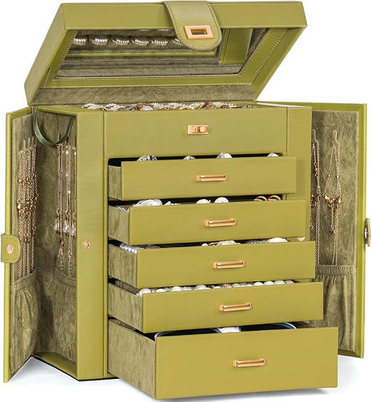 AKOZLIN 6-Tier Jewelry Box Organizer Functional 5 Drawers Leather Jewelry Storage Case for Women Girls Ring Necklace Earring Bracelet Holder Organizer with Mirror Medium Green