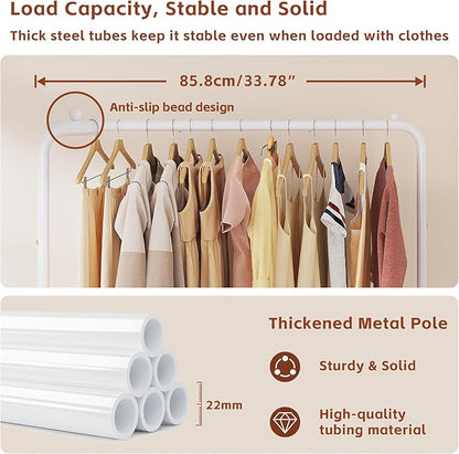 JIUYOTREE Standard Clothes Clothing Garment Rack with Storage Shelves Clothes Organizer for Hanging Clothes Coat Jacket Shirt Sweater Jeans White